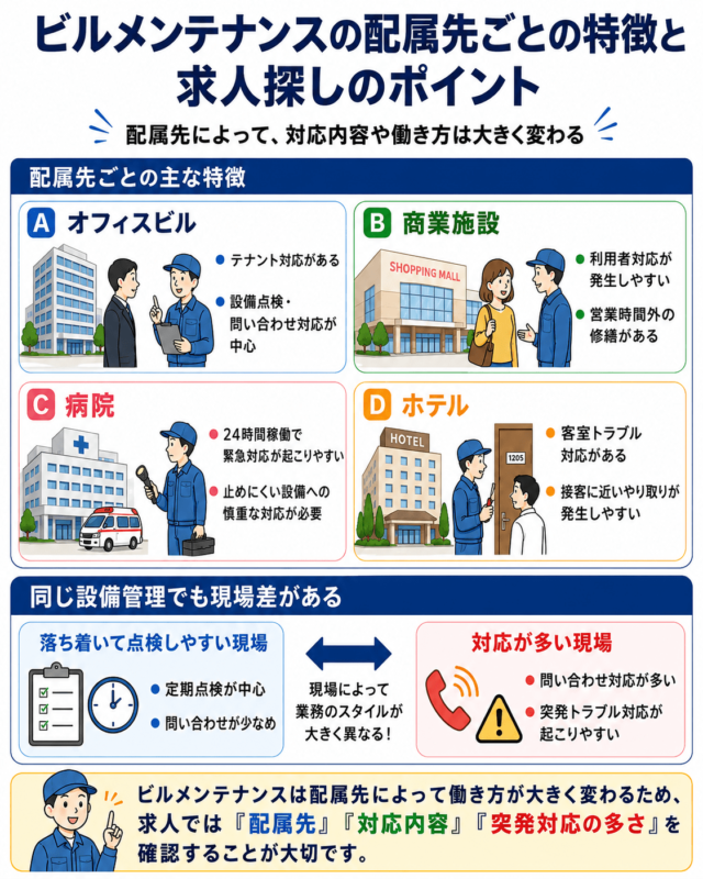 ビルメンテナンスの配属先ごとの特徴と求人探しのポイント