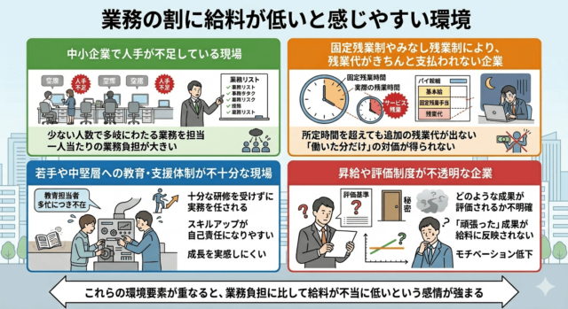 業務の割に給料が低いと感じやすい環境