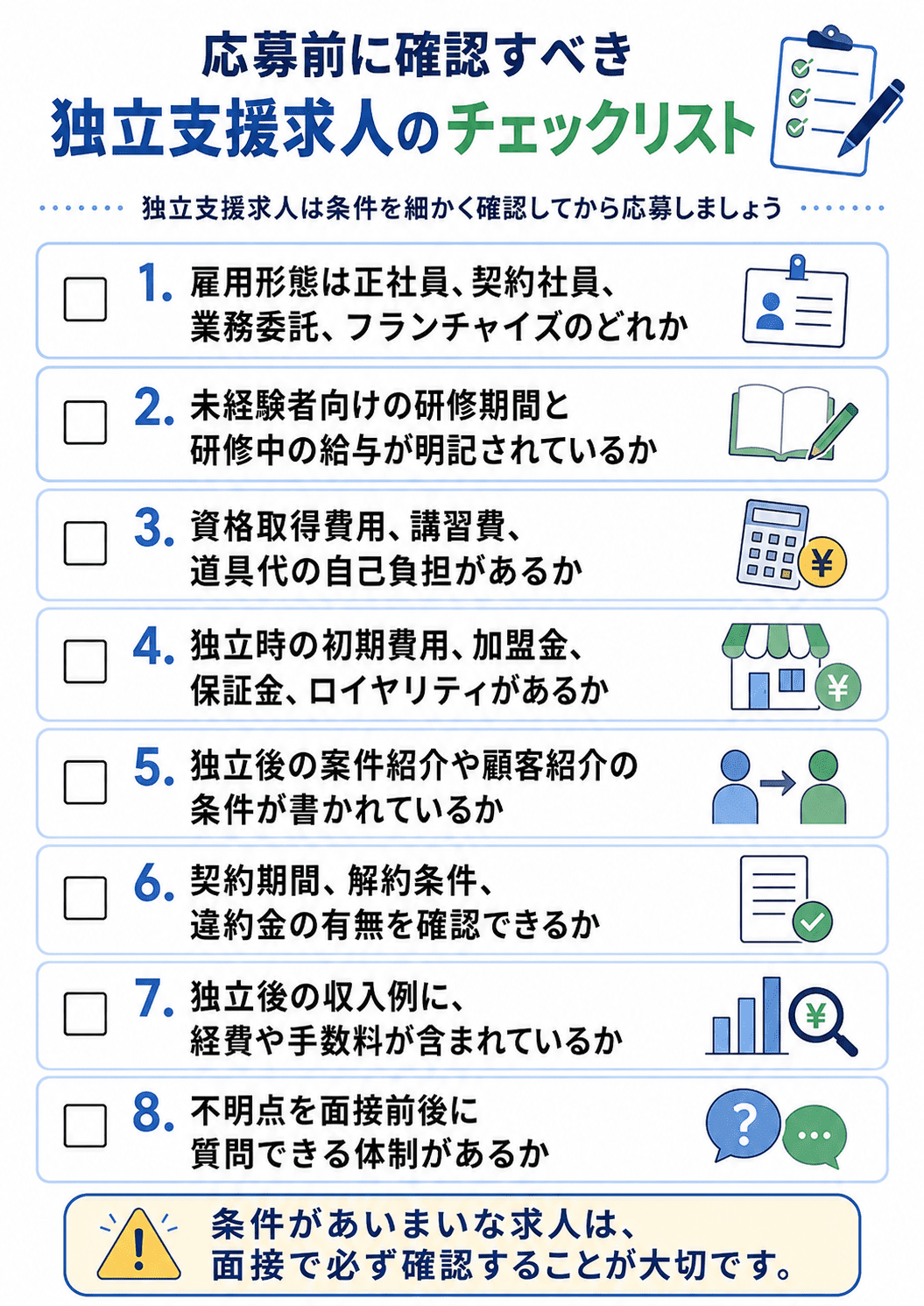 応募前に確認すべき独立支援求人のチェックリスト