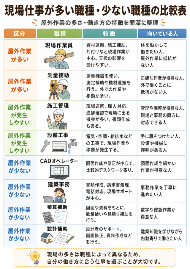 現場仕事が多い職種・少ない職種