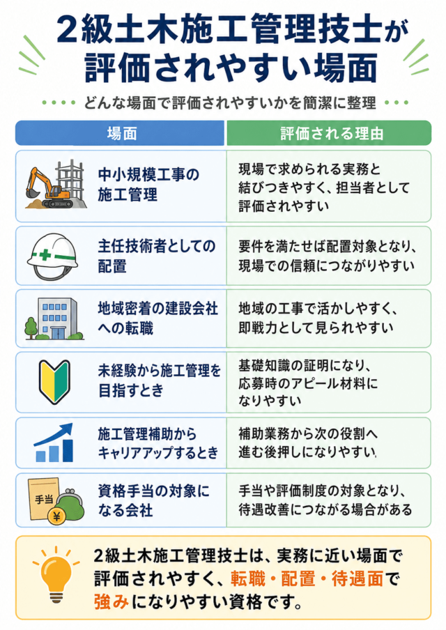 2級土木施工管理技士が評価されやすい場面