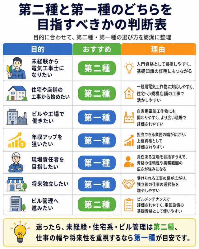 第二種と第一種のどちらを目指すべきかの判断表