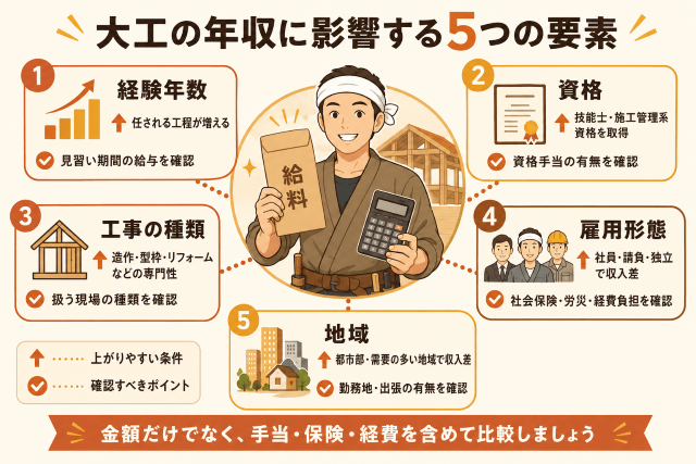 大工の年収を左右する5要素