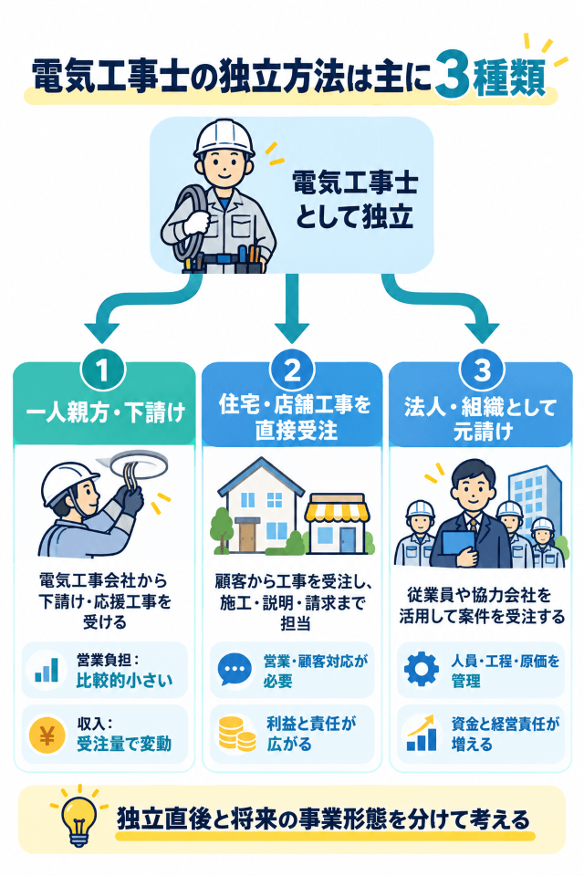 電気工事士の独立方法は主に3種類