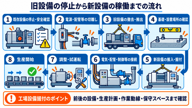 旧設備の停止から新設備の稼働までの流れ