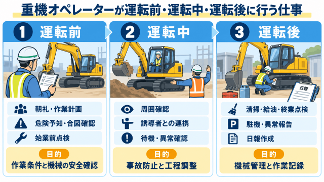 重機オペレーターが運転前・運転中・運転後に行う仕事