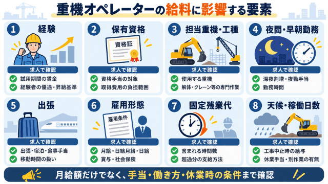 重機オペレーターの給料を左右する要素
